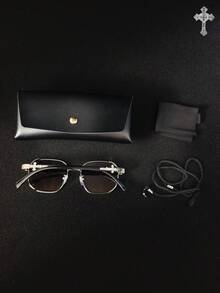 Diamond Heart Cross 1pc Retro Metal Square Frame Steampunk Fashion Glasses, European And American Fashion Personalized Crossborder Metal Frame Fashion Glasses, Classic Square Frame Business Style Fashion Glasses With Heart & Cross Rhinestone Decor (Glasses Case + Glasses Cloth + Glasses Strap) - 彩色 - 查看 10