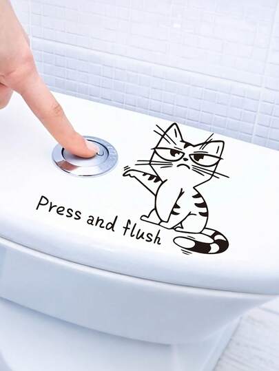 1 pieza Pegatina de inodoro de gato de dibujos animados linda - "Presionar y tirar de la cadena" Decoración de baño, Adhesivo de pared de PVC autoadhesivo para vidrio, azulejos y superficies lisas, sin necesidad de calor, fácil instalación, diseño alegre, adhesivo, fácil de pelar y pegar