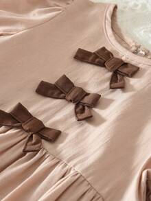 Girls Cute Bow Plaid Short Sleeve Round Neck Dress, Holiday Outfit, 3-7 Years - Khaki - View 5