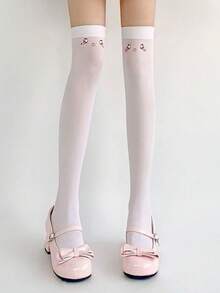 1 Pair Cute Shy Face Print Over-The-Knee Socks, Anime/Manga Style, Summer