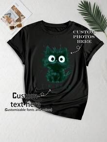 Customizable Plus Size Women's T-Shirt - Add Text And Photos (Landscape, Logo, Couple, Family, Selfie, Pet). You Can Choose Font And Color To Design Your Personalized Printed T-Shirt. Suitable For Logo Printing | Commercial Use | Wedding Gift Black Summer - Black - View 2
