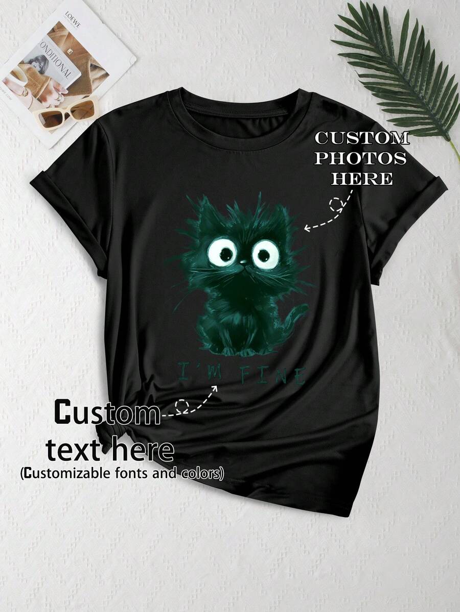 Customizable Plus Size Women's T-Shirt - Add Text And Photos (Landscape, Logo, Couple, Family, Selfie, Pet). You Can Choose Font And Color To Design Your Personalized Printed T-Shirt. Suitable For Logo Printing | Commercial Use | Wedding Gift Black Summer - Black - View 1