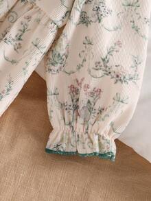 Gaya Lembut & Pastoral! Romper Lengan Panjang Motif Bunga untuk Bayi Perempuan dengan Kerah Peter Pan & Topi Ruffle yang Serasi, Romper Nyaman & Lembut untuk Musim Semi/Gugur, Cocok untuk Pemakaian Sehari-hari & Pemotretan - Hijau - View 10