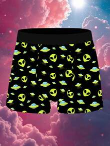1 Packung spielerische und süße Herren Boxershorts für den Hausgebrauch, Shorts mit Motiv von fliegenden Untertassen und Aliens, aus Strickstoff, atmungsaktiv und feuchtigkeitsableitend, weich und hautfreundlich, Boxershorts mit Cyber-Alien Motiv, neuartige Herren Shorts. - Verschiedenfarbig - Übersicht 2