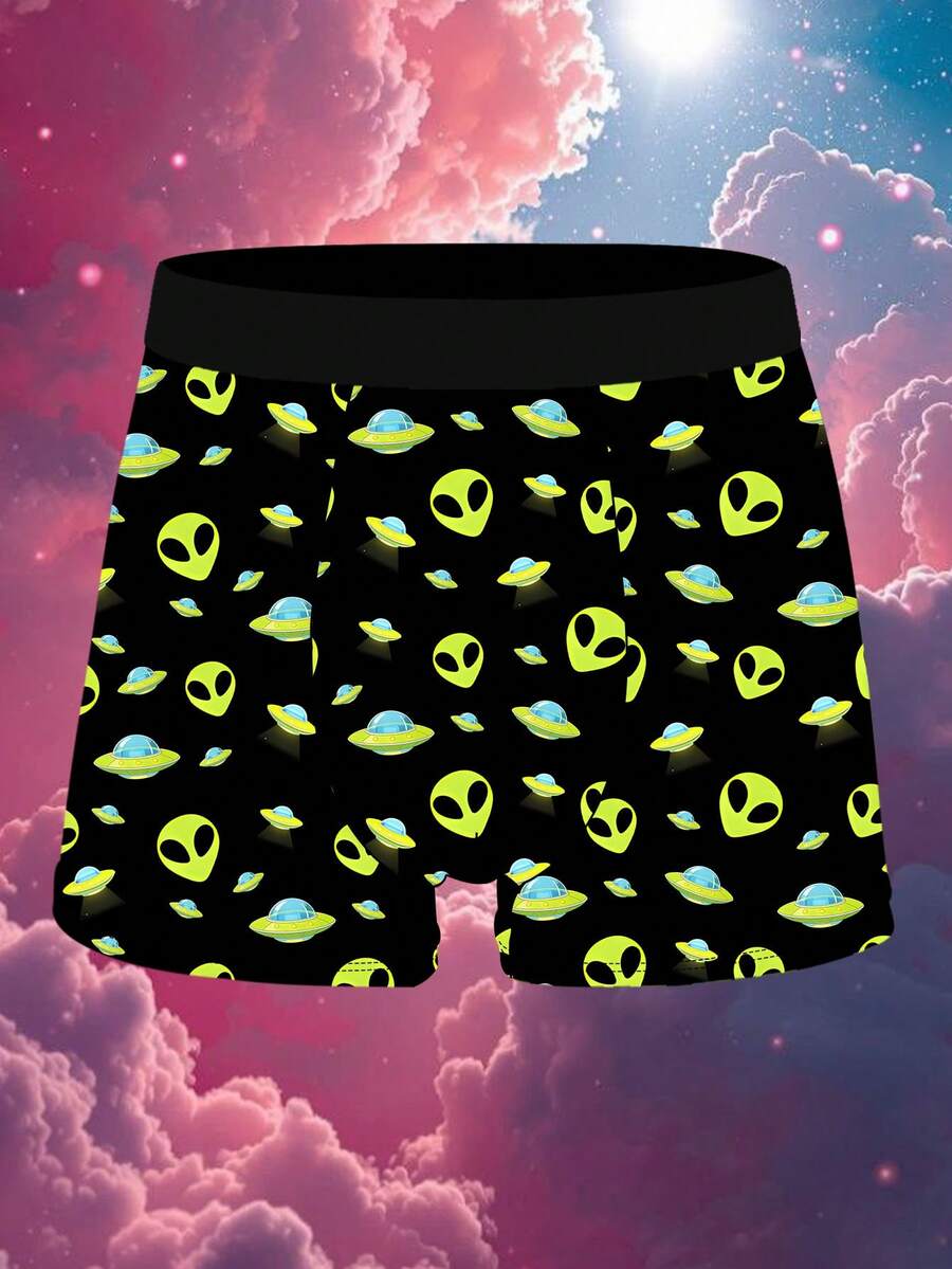 1 Packung spielerische und süße Herren Boxershorts für den Hausgebrauch, Shorts mit Motiv von fliegenden Untertassen und Aliens, aus Strickstoff, atmungsaktiv und feuchtigkeitsableitend, weich und hautfreundlich, Boxershorts mit Cyber-Alien Motiv, neuartige Herren Shorts.