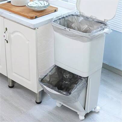 38L Large Capacity Rolling Trash Bin Dual Compartment Wet Dry Separation Mobile Rubbish Bin Sturdy Plastic For Kitchen Living RoomGift