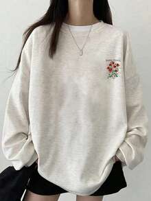 Women's Graphic Tee, Japanese/Korean Style, Soft Cotton, Light Gray, Printed Pattern, Casual, Vacation, Daily Wear, Layering, Loose, Versatile, Basic Long Sleeve Top - Floral Gray - View 4