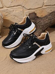 Women's Black Platform Sneakers With Gold Accents | Chunky Sole Casual Sports Shoes - Black - View 2