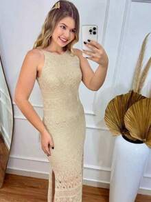 Raabe Long Knit Dress With Lined Detail And Slit - Elegant Women's Fashion, Luxury, For Parties, Christmas, New Year's Eve - 米色 - 查看 3
