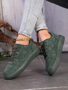 scarpi sportivi casual da donna, scarpe piatte alla moda, scarpe sportive resistenti e antiscivolo con lacci, ideali per uso casual, passeggiata, corsa, jogging, scarpi sportivi basse monocromatiche, punta tonda, leggere e traspiranti, adatte per tutte le stagioni, con fodera in tessuto flessibile e suola in EVA - Verde - Visualizzare 5