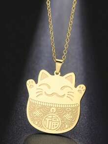 1pc Classic Stainless Steel Cute Cat & Blessing Character Pendant Necklace, Lucky Amulet Jewelry Gift For Men & Women - Cat - View 4