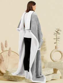 1件装女士舒适灰色法兰绒可穿戴毯，带袖子和口袋 - 男女通用柔软羊羔绒电视毯，带袖子，保暖、柔软、厚实、舒适，带口袋和袖子的电视毯，浴室装饰 - 彩色 - 查看 5