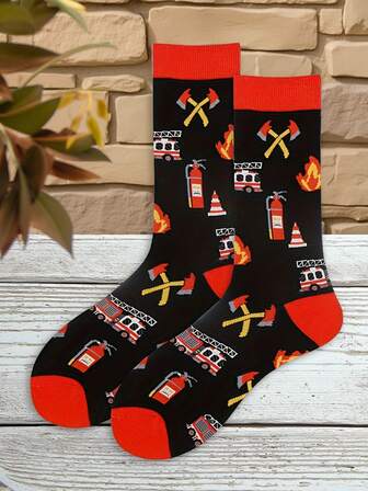 1 Pair Women's Excavator, Tractor, Farm Graphic Mid-Calf Socks, Fire Truck, Firetruck Graphic Socks, Suitable For Everyday Wear