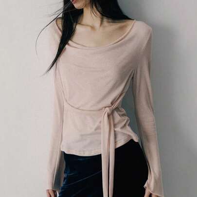 Women's Spring, Tie-Waist Oversized Scoop Neck Long Sleeve Lightweight Loose Fit Fashionable Minimalist Elegant Casual Top For Valentine's Day, Pink