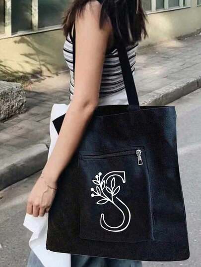 1 pieza Bolso de mano con bolsillo externo y estampado de letras, bolsa de compras reutilizable de gran capacidad, bolso escolar portátil, bolso de maquillaje, bolso de hombro duradero para adolescentes, mujeres, estudiantes universitarias, trabajadoras de cuello blanco, madres, maestras, amigos, para el trabajo, vuelta al colegio, escuela secundaria, universidad, vacaciones, viajes, compras, almacenamiento, artículos esenciales diarios, regalo para la biblioteca, regalo para maestros, regalo de boda, regalo para damas de honor, regalo del Ramadán