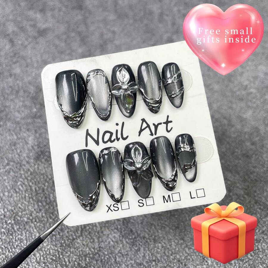 Dark Style Cat Eye Nail Stickers 3D Carved Liquid Texture Wearable Nails Designed For Women And Girls 10 Pieces/Set Available In 3 Sizes Suitable For Parties Weddings Daily Wear Comes With Small Gift - 中杏仁 - 查看 1