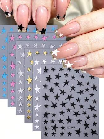 3/6pcs 3D Asymmetrical Pentagram Nail Stickers, Gold, Silver, Black, White, Pink, Blue, Punk Salon Nail Design, DIY Y2K Holographic Self-Adhesive Gel Nail Polish Stickers, Nail Art Decorations, Nail Supplies, Nail Tools