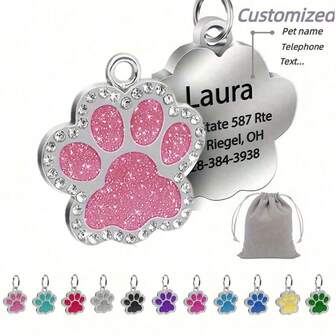 Etiqueta de identificación personalizada y grabada para mascotas - Etiqueta de identificación de collar de gato o perro con forma de pata con brillo de alta calidad, etiqueta de identificación de mascota personalizada con diseño de pata con brillo
