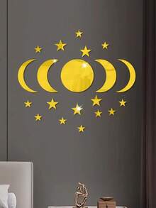 1 Set/20 Pieces, Star And Moon Combination Wall Stickers, Suitable For Ramadan, 3D Effect Mirror Wall Stickers With Self-Adhesive, PS Material, Holiday Accessories, Birthday Party Supplies, Wall Decoration, Room Decoration (Gold & Silver). - Multicolor - View 2
