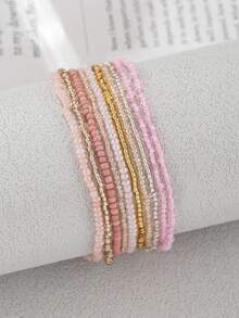 10pcs Girls' Bohemian Style Colorful Beaded Bracelets - Baby Pink - View 5