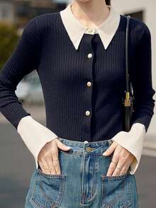 复古法式撞色 Polo 领针织开衫，女士新款秋季藏蓝色优雅翻领修身款上衣 - 藏蓝色 - 查看 3