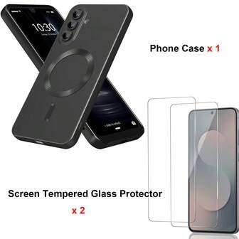 2PCS 9H Glass Screen Protector Compatible With Samsung Galaxy A56, A36, A26, A16, A17, S25 FE Compatible With [Built-In Camera Lens Protector] Matte Soft Silicone Bumper Shockproof Metallic Luster Phone Cases For S25 Ultra S24 Ultra