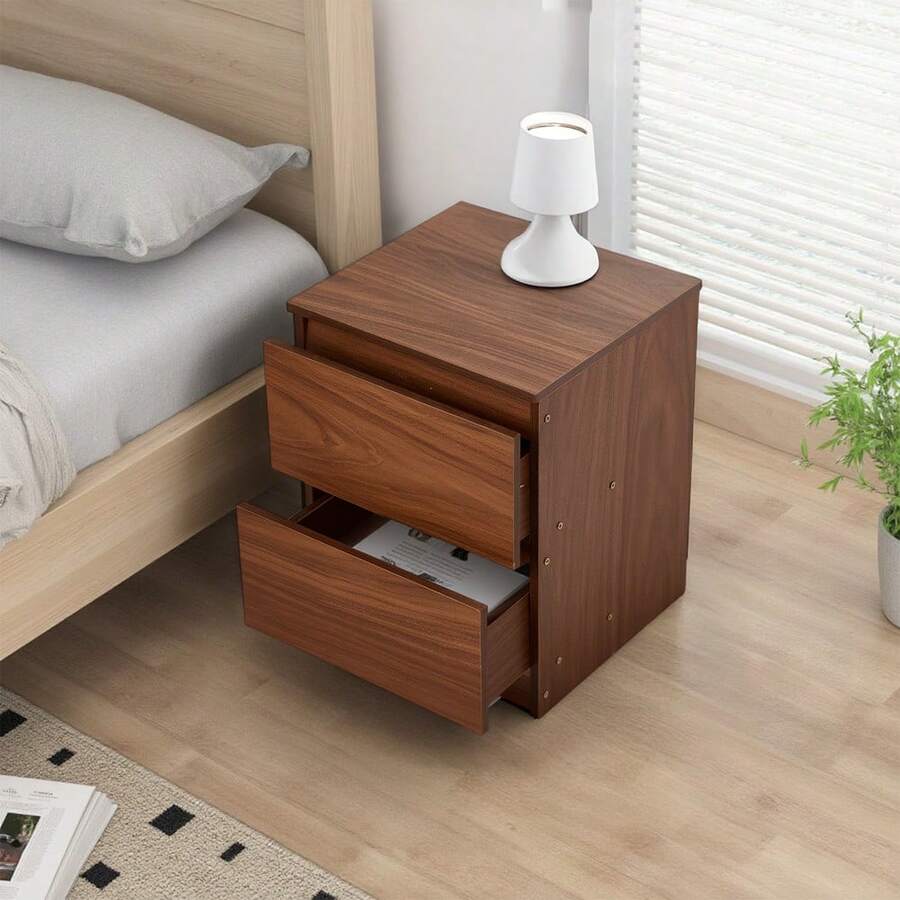 LIVINGANDHOME Living And Home Practical Modern Minimalist Rectangular Bedside Table Grey Walnut Colour Warm White 2 Drawers Sturdy Easy To Clean Effortless Assembly Bedroom Living Room Office - Walnut Color 32 cm (W) X 30 cm (D) X 41 cm (H) - View 1
