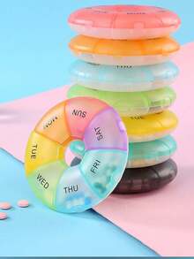 1pc Portable Medicine Storage Box, Weekly Medicine Box, Mini Outdoor Medicine Box, Transparent Round Medicine Box, Swimming Ring Medicine Box, Visual Medicine Box, Multi-Functional Storage Box, Travel Medicine Box, 7 Small Inner Boxes - Multicolor - View 1