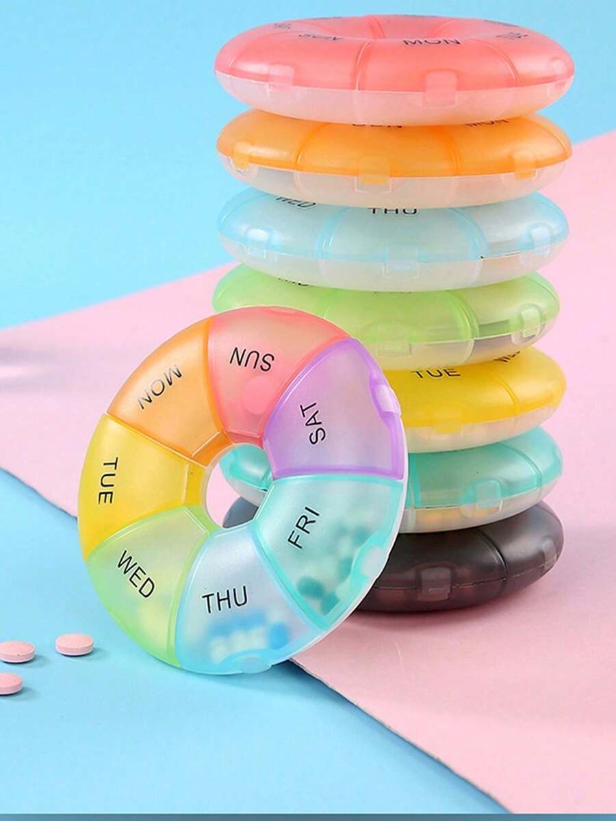 1pc Portable Medicine Storage Box, Weekly Medicine Box, Mini Outdoor Medicine Box, Transparent Round Medicine Box, Swimming Ring Medicine Box, Visual Medicine Box, Multi-Functional Storage Box, Travel Medicine Box, 7 Small Inner Boxes - Multicolor - View 1
