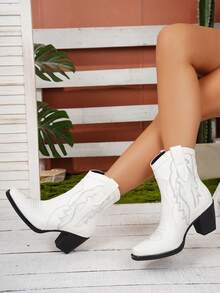 2026 Women's Fashion Chunky Heel Square Toe Embroidered Western Style Boots - White - View 3