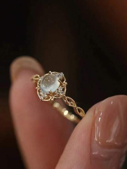 Elegant Vintage Månsten Förlovningsring För Kvinnor - Guldpläterad, Oval Design, Perfekt För Bröllop Och Årsdagar