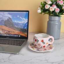 Ceramic Coffee Mug With Saucer Set, Cute Creative Cup Unique Irregular Design For Office And Home, Dishwasher And Microwave , 10 Oz/300 Ml For Latte Tea Milk (Red Heart) - 花的 - 查看 7