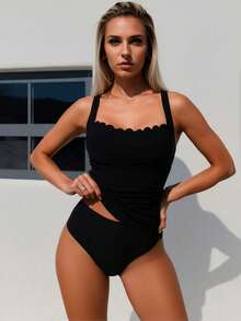 Women's Beach Tankini Swimwear – Two-Piece Soft Control Set With Full Coverage Bottom - Solid Black - 查看 10