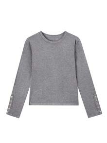 Thick Brushed Fitted Crew Neck Long Sleeve Elastic Knit Base Layer Top - Grey - View 2