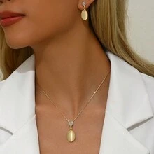 Conjunto de collar y aretes con colgante de piedra ojo de gato y cadena de caja, aretes de oro hechos a mano para mujeres bohemias, oro rosa - Oro rosa - Ver 3