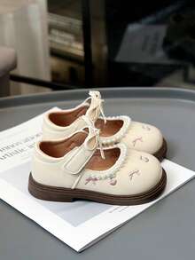 Girls' Sweet Mary Jane Embroidered Leather Shoes, Princess Style, Spring/Autumn New Arrival, Toddler/Little Kid - Beige - View 4