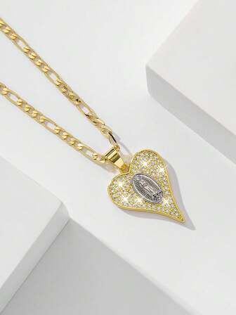1pc Classic European Style Copper Inlaid Zirconia Heart Guadalupe Virgin Mary Pendant Necklace, Limited Edition, Suitable For Christmas, Thanksgiving, Halloween, Mother's Day, Valentine's Day, Gifts For Couples, Friends, Godparents, First Holy Communion, Daily Wear And Prayer