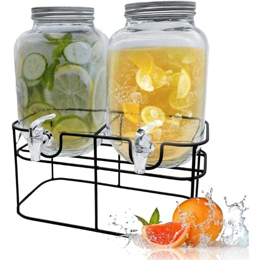 4L Glass Beverage Dispenser 2 Pack Metal Wire Stand Reusable For Home Party Office - 2 X 4L Glass Drinks Dispenser With Taps and Metal Stand - View 1