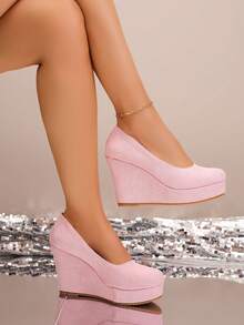 女士舒适高跟套脚鞋，圆头绒面革设计，优雅百搭，适合工作、通勤、约会、晚宴等场合，时尚鞋履 - 粉色 - 查看 13