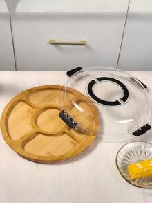 1pc Round Bamboo Cheese Tray With Clear Acrylic Cover - Portable Charcuterie Board For Camping, Gatherings, Restaurants | Appetizer, And Snack Serving Tray For Holidays, Parties, And Snack Organizers (Solid Sky Blue Handcrafted Bamboo) - Multicolor - View 2