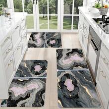 Kitchen Area Decorative Mats With Marbled Pattern - Black Gray Light Pink Gold Blue-Green Accent, Non-Slip For Kitchen Floor, Washable Rectangular Mats - Perfect For Modern Kitchen With White Cab - White - View 2