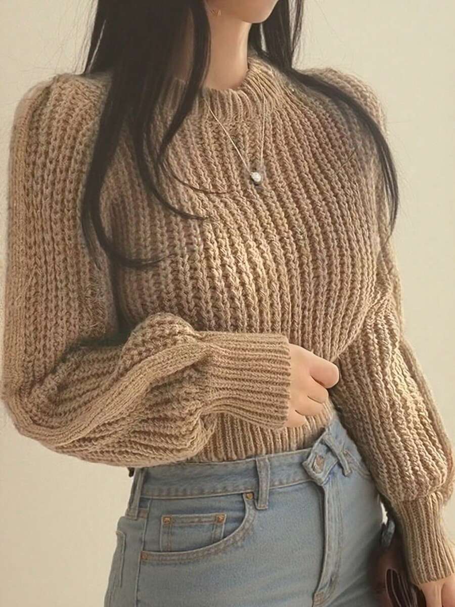 Elegant Knit Sweater - Comfortable Long Sleeve Raglan Crew Neck Top, Versatile & Fashionable Women Pullover - Khaki - View 1