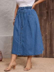 Plus Size High Waisted Snug Casual Blue Slanted Pocket Curved Women's Jeans Dress - 中等水洗藍 - 查看 3