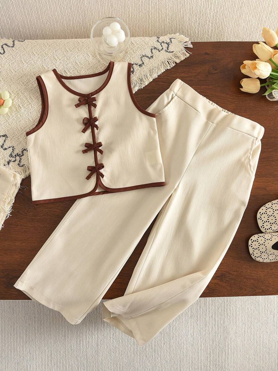 bearleader 3-7岁女童夏季套装，包括可爱蝴蝶结无袖格子衬衫上衣和休闲裤，2件套 - 米色 - 查看 1