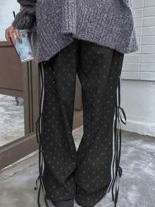 黑色高腰显瘦系带波点直筒休闲裤 - 黑色 - 查看 5