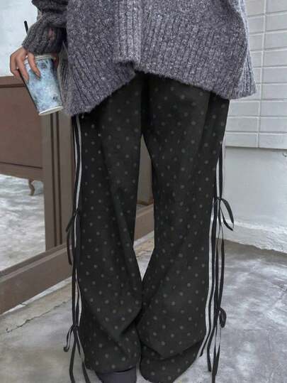 黑色高腰显瘦系带波点直筒休闲裤