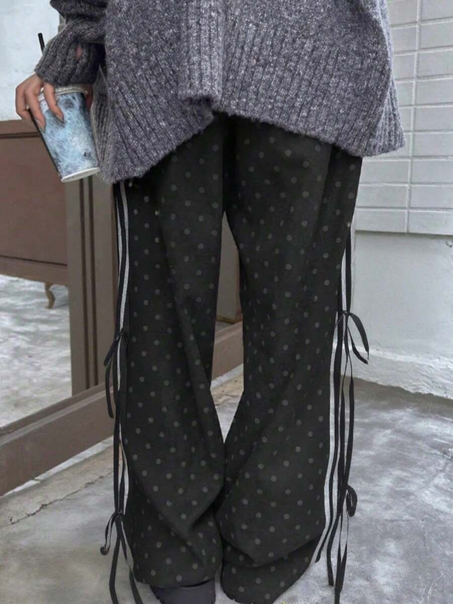 黑色高腰显瘦系带波点直筒休闲裤 - 黑色 - 查看 1