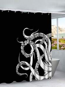 Elegant Octopus Design Bathroom Set: Includes 12 Free Hooks, Shower Curtain, Bath Mat And Toilet Seat Cover - Ideal For Walk-In Shower - Multicolor - View 17
