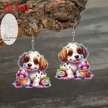 2D flat, cute English puppy and ice cream pendant earrings - Flat 2D dog accessories, with pink bow and strawberry pendant, light party gift, birthday gift for dog lovers (no tail/hump), 2D flat - Multicolor - Ver 5