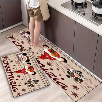 Whimsical Cartoon Characters Kitchen Floor Mat - 3 Characters With Snowflake Decoration, 'crezmizia' Text, Non-Slip Beige Floor Mat For Kitchen Tiled Flooring, 11.5-15 Size